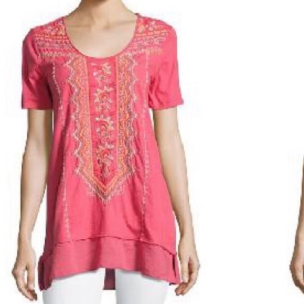 Johnny Was Coral Peach With Turquoise and Orange Embroidered Top